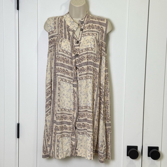 Olivaceous Tunic Dress Button Down Linen Sleeveless Floral Cream Small Boho - Picture 2 of 8